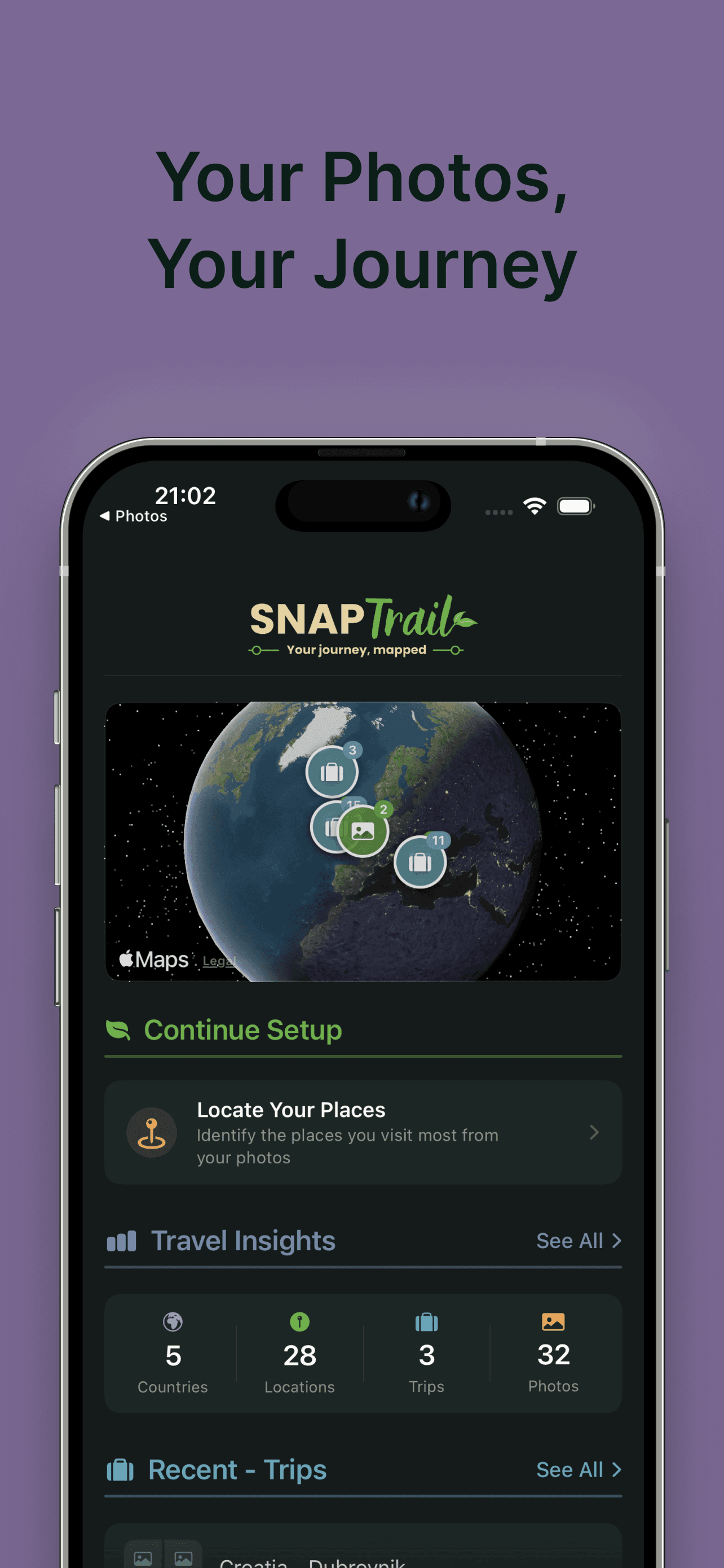 Wayworn home screen showing a 3D globe of visited countries and a travel-insights summary.