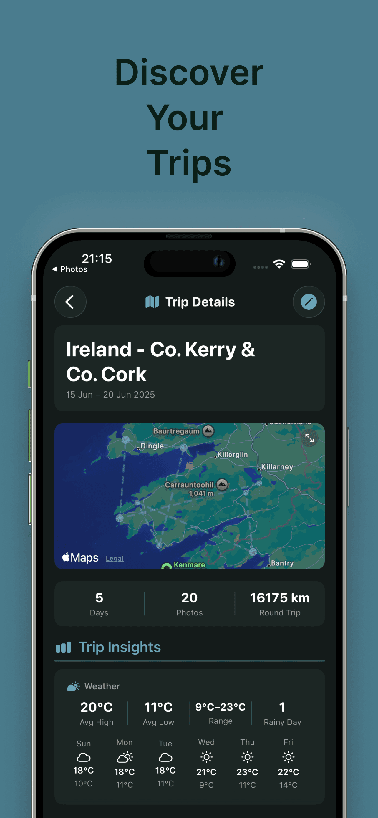 A Wayworn trip detail page for Ireland with route map, dates, photo count and per-day weather.
